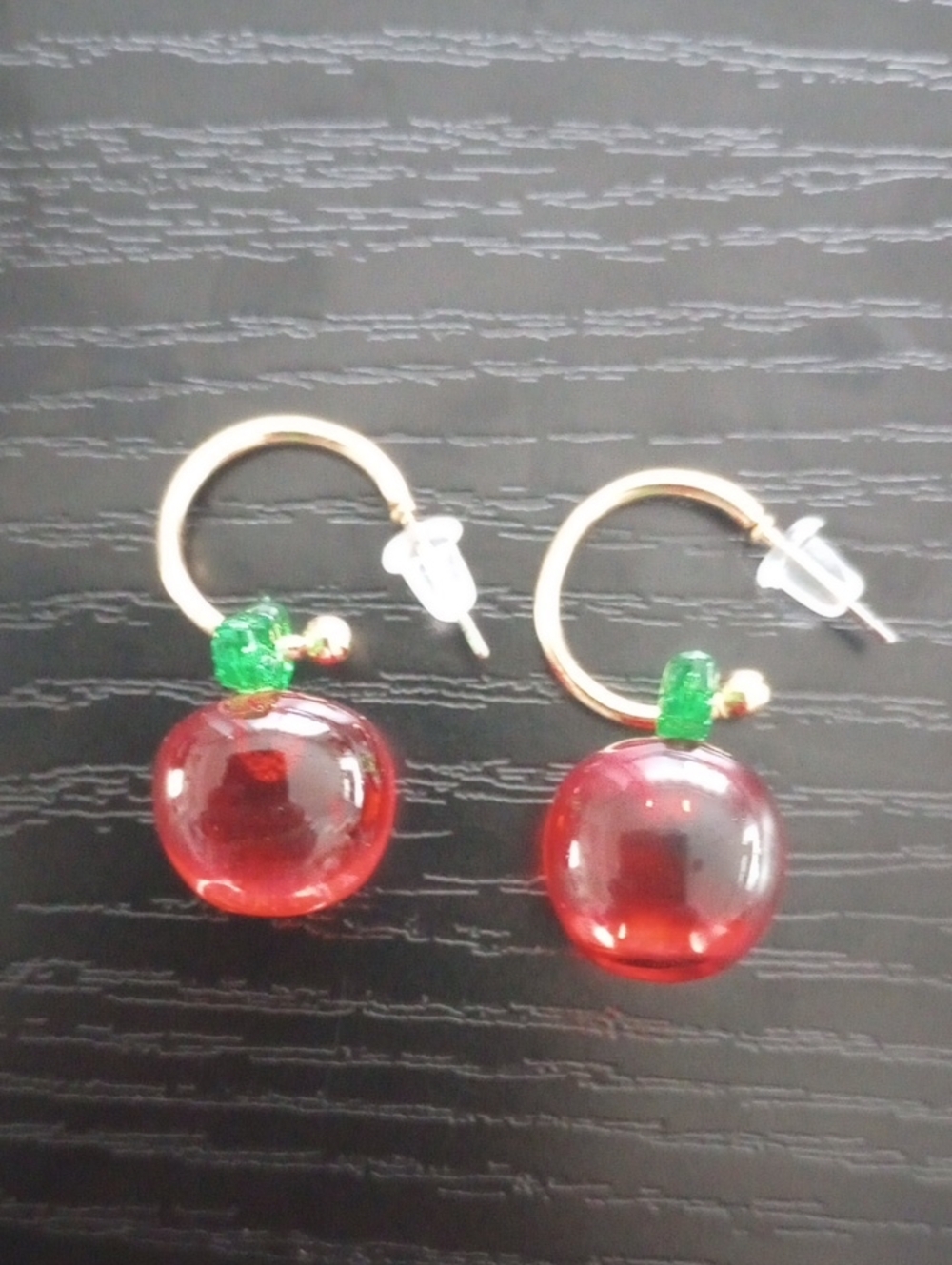 Cherry Fruit Hoop Dangle Earrings with Green Leaf Accents